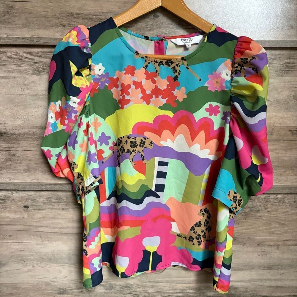 CROSBY by Mollie Burch M Puff Sleeve Blouse Abstract Artsy Luxury Preppy Modern